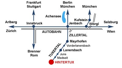 Lageplan der Anreise nach Tux im Zillertal